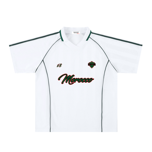 Morocco Atlas Lions World Tour Soccer Jersey back with cultural collage — SAFARWEAR
