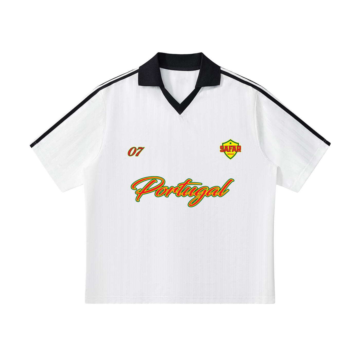 Portugal World Tour cultural soccer jersey white with black — SAFARWEAR World Cup 2026
