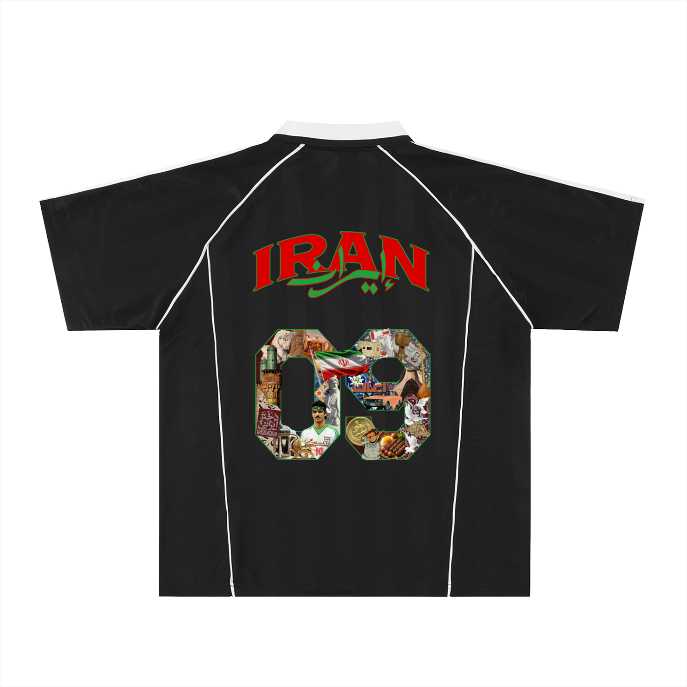 Team Melli Iran World Cup 2026 Jersey back with cultural collage — SAFARWEAR